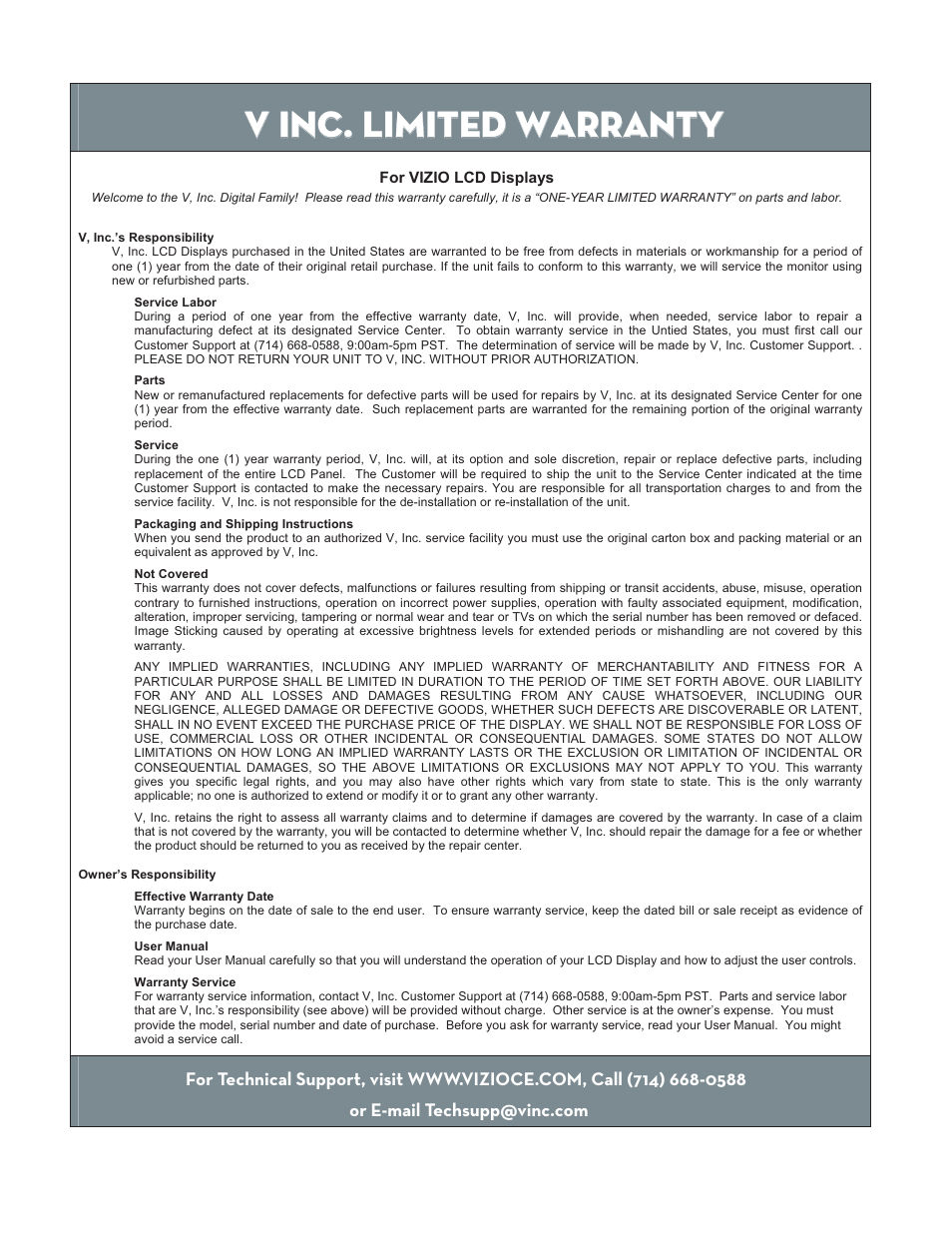 V inc. limited warranty | Vizio L30 WGUe User Manual | Page 40 / 46