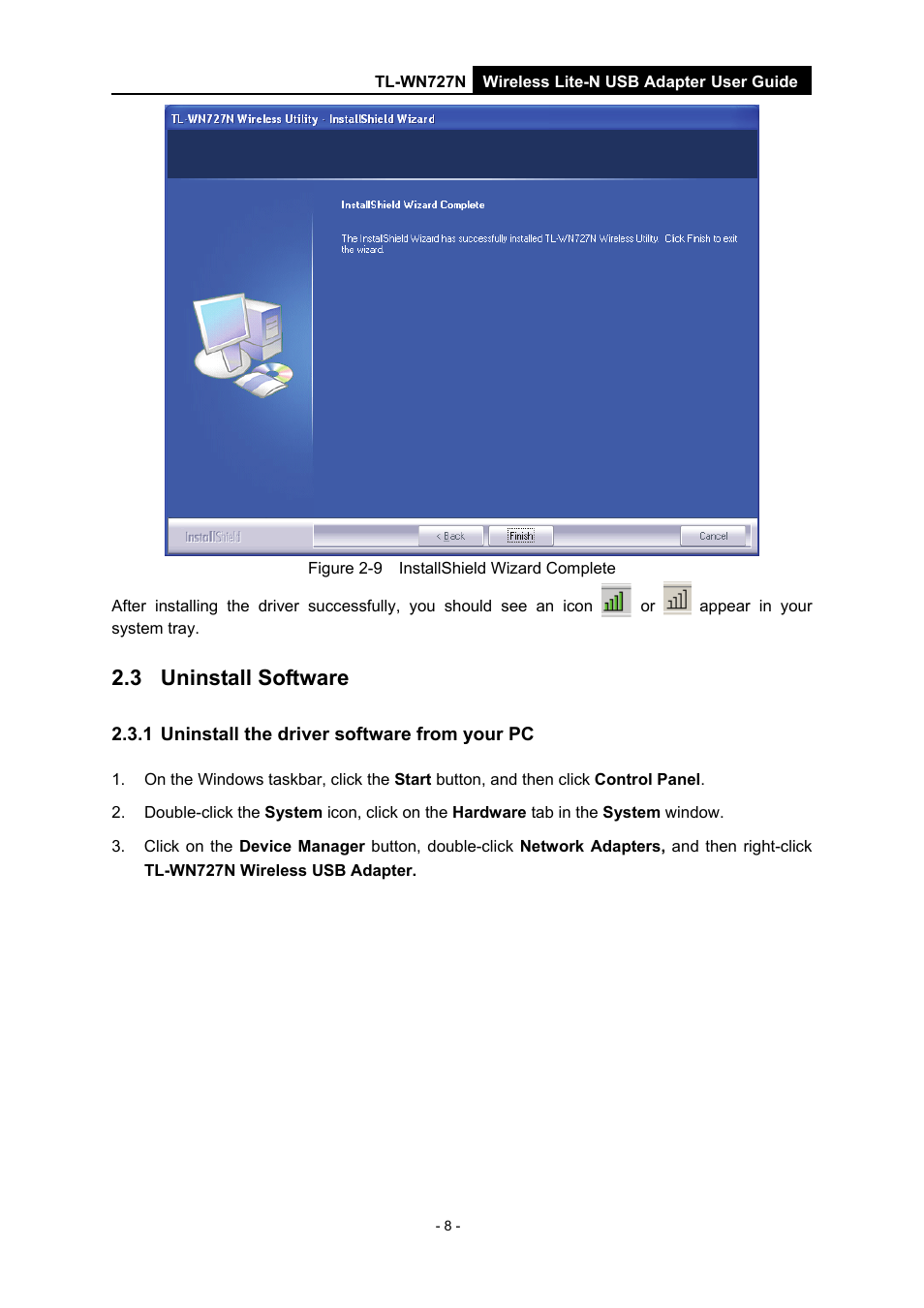 3 uninstall software, 1 uninstall the driver software from your pc, Uninstall software | Uninstall the driver software from your pc | Vizio TL-WN727N User Manual | Page 12 / 38