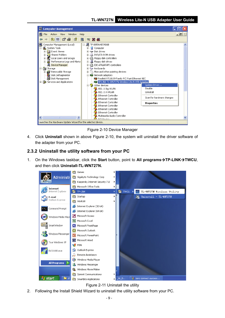 2 uninstall the utility software from your pc, Uninstall the utility software from your pc | Vizio TL-WN727N User Manual | Page 13 / 38