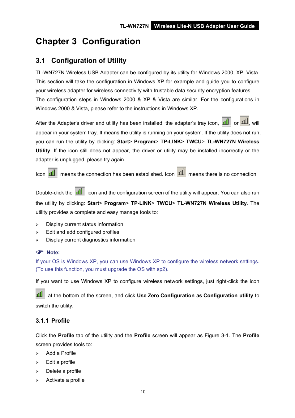Chapter 3 configuration, 1 configuration of utility, 1 profile | Chapter 3, Configuration, Configuration of utility, Profile | Vizio TL-WN727N User Manual | Page 14 / 38