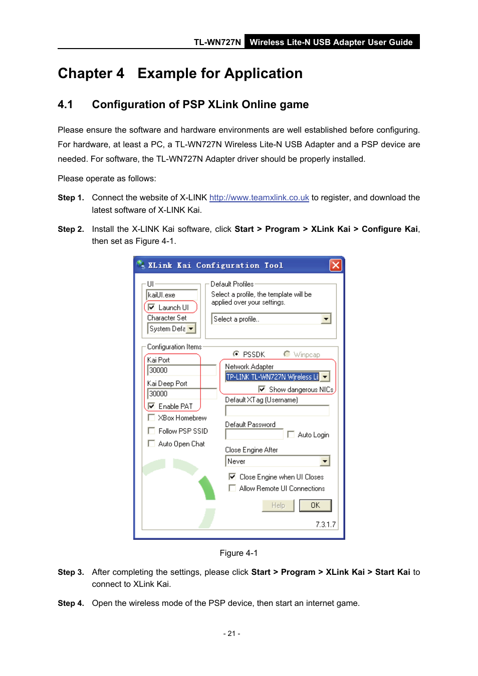 Chapter 4 example for application, 1 configuration of psp xlink online game, Chapter 4 | Example for application, Configuration of psp xlink online game | Vizio TL-WN727N User Manual | Page 25 / 38