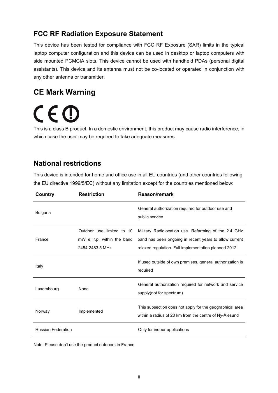 Ce mark warning, Fcc rf radiation exposure statement, National restrictions | Vizio TL-WN727N User Manual | Page 3 / 38
