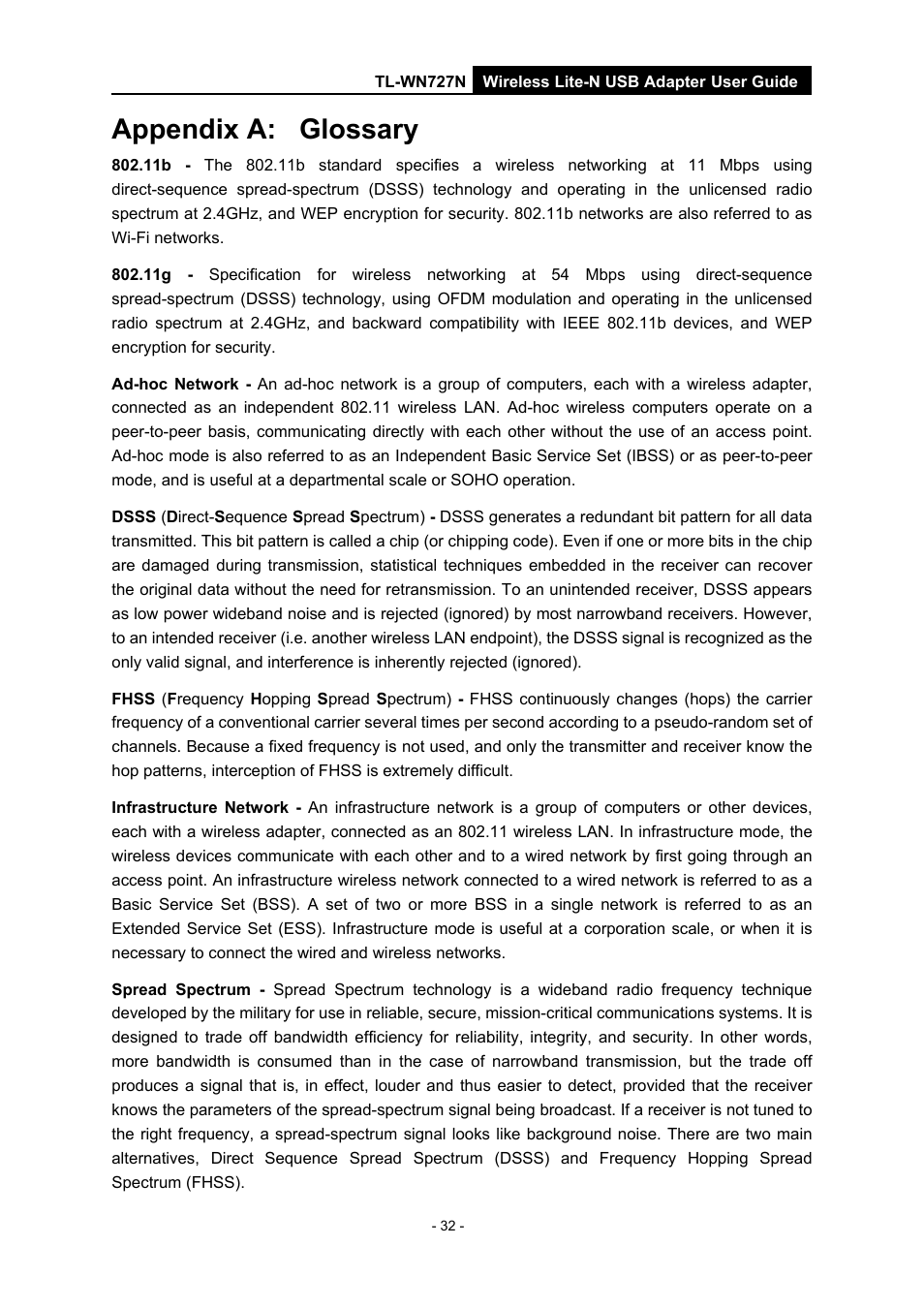 Appendix a: glossary, Appendix a, Glossary | Vizio TL-WN727N User Manual | Page 36 / 38