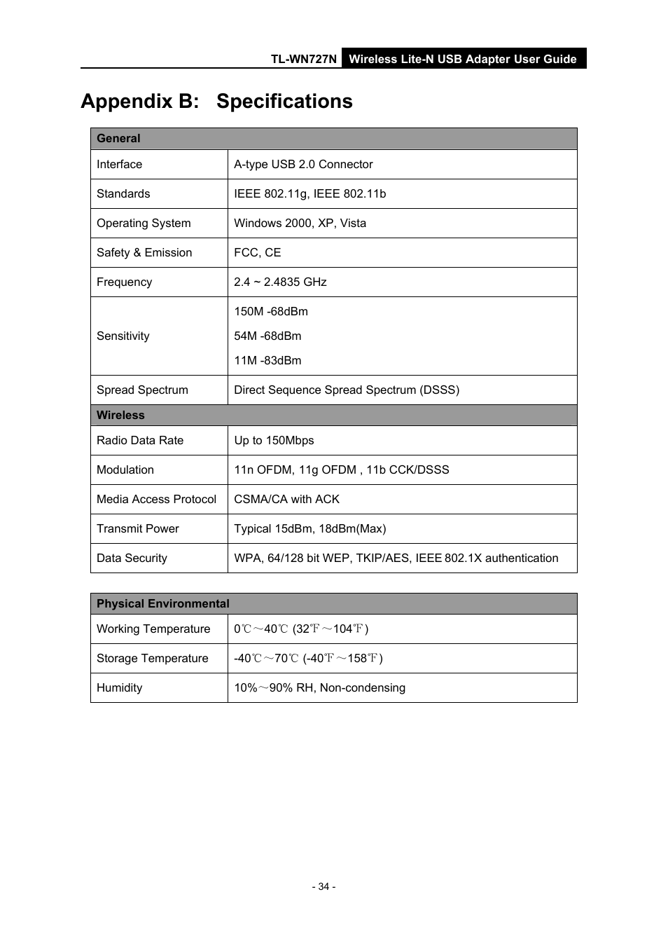 Appendix b: specifications, Appendix b, Specifications | Vizio TL-WN727N User Manual | Page 38 / 38