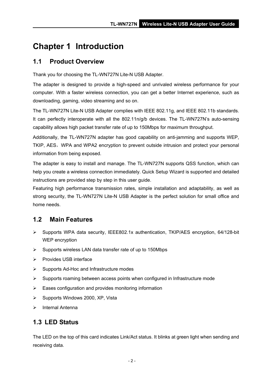 Chapter 1 introduction, 1 product overview, 2 main features | 3 led status, Chapter 1, Introduction, Product overview, Main features, Led status | Vizio TL-WN727N User Manual | Page 6 / 38