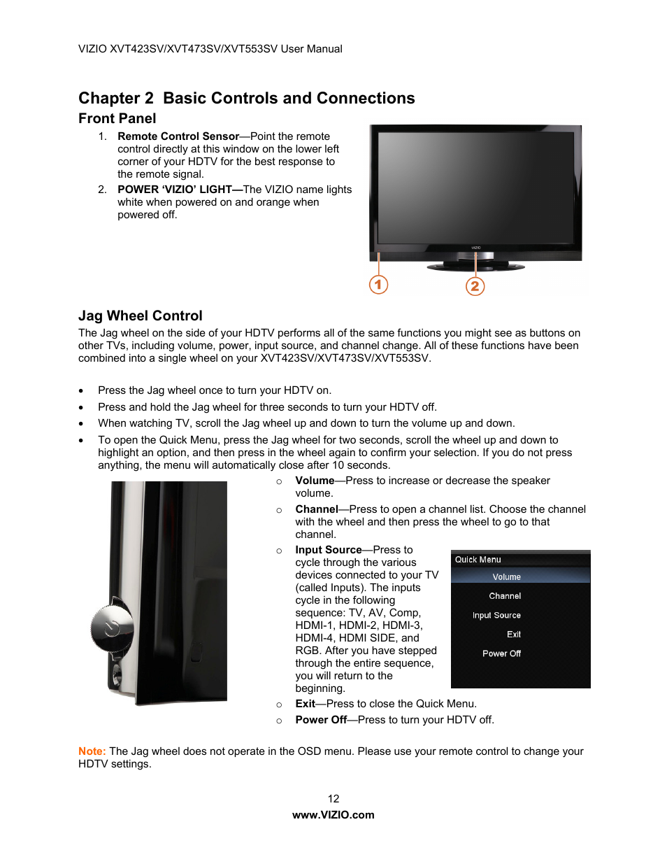Chapter 2 basic controls and connections, Front panel, Jag wheel control | Vizio XVT553SV User Manual | Page 12 / 67