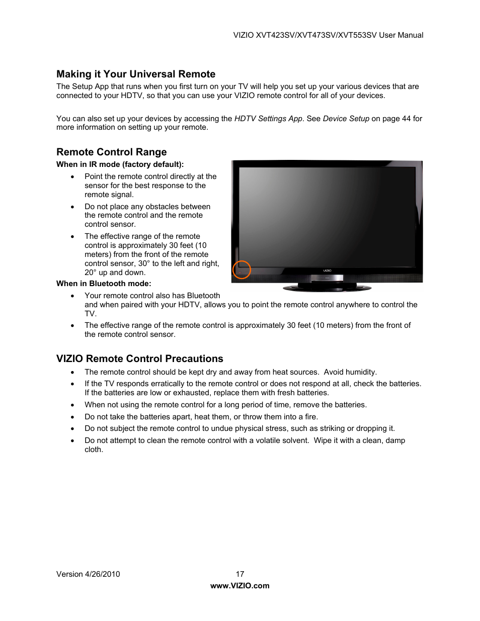 Making it your universal remote, Remote control range, Vizio remote control precautions | Vizio XVT553SV User Manual | Page 17 / 67