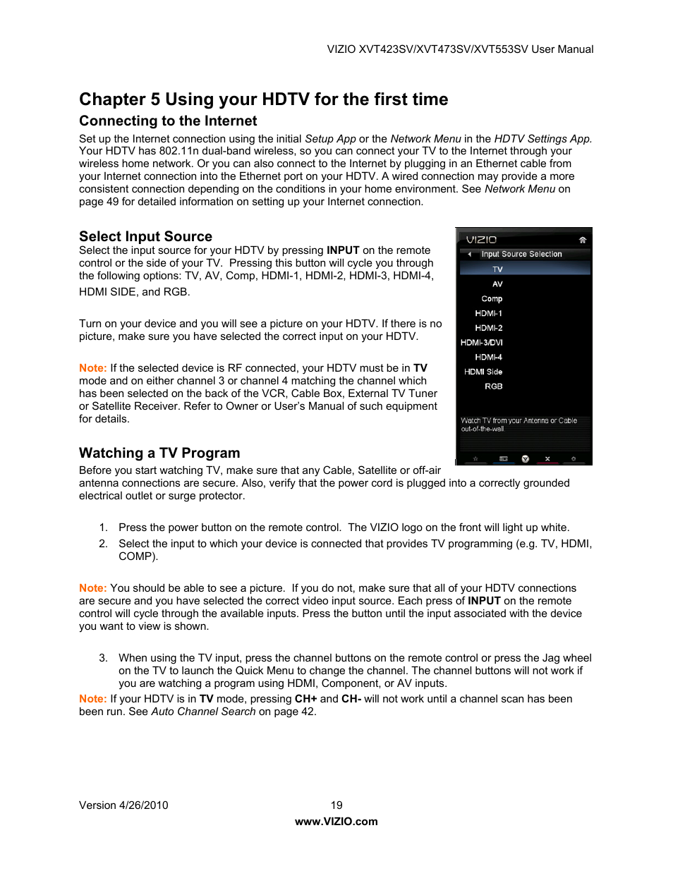 Chapter 5 using your hdtv for the first time, Connecting to the internet, Select input source | Watching a tv program | Vizio XVT553SV User Manual | Page 19 / 67