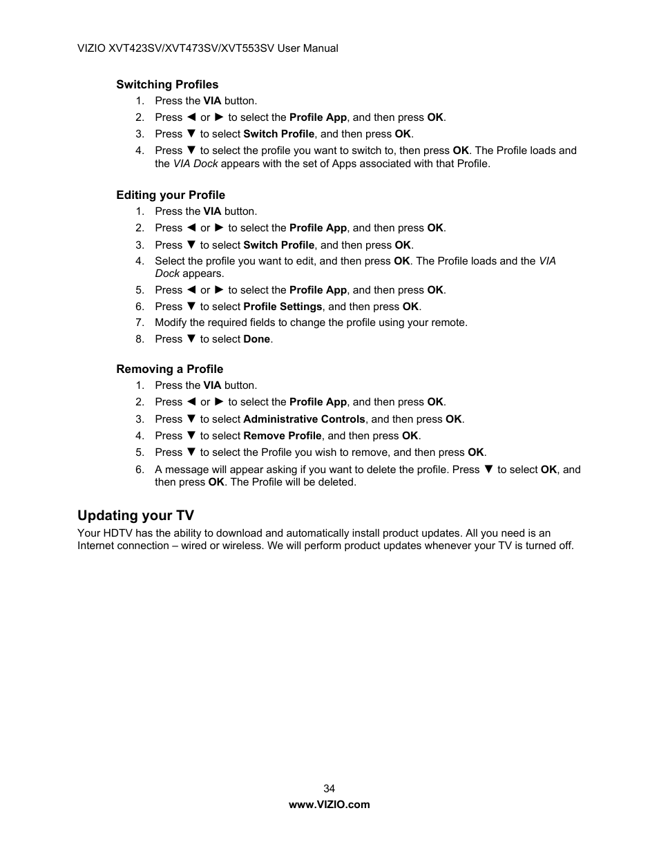 Updating your tv | Vizio XVT553SV User Manual | Page 34 / 67