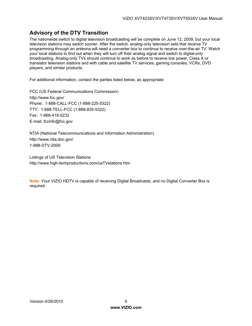 Advisory of the dtv transition | Vizio XVT553SV User Manual | Page 5 / 67