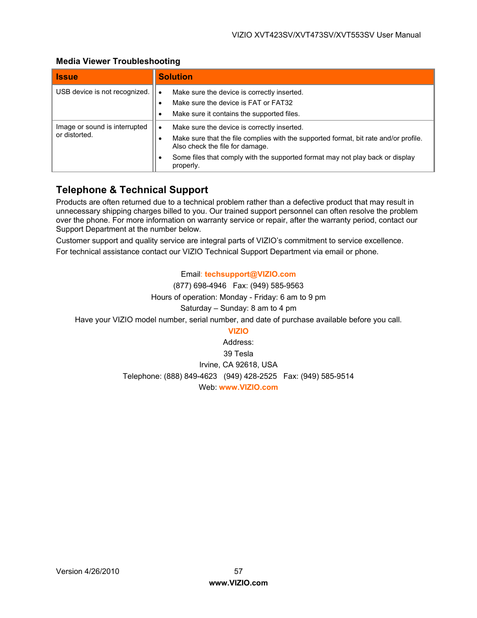 Telephone & technical support | Vizio XVT553SV User Manual | Page 57 / 67