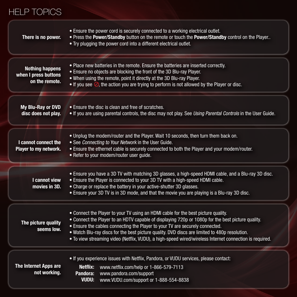 Help topics | Vizio 3D BLU-RAY VBR334 User Manual | Page 12 / 16