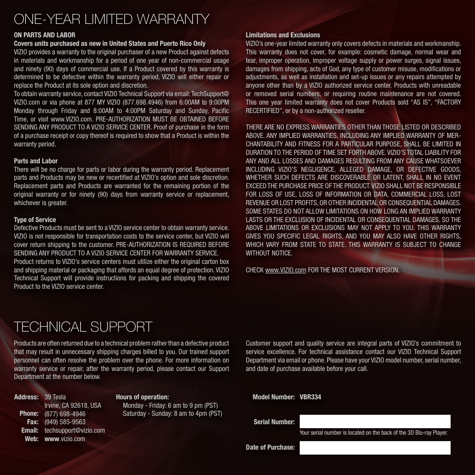 One-year limited warranty, Technical support | Vizio 3D BLU-RAY VBR334 User Manual | Page 13 / 16