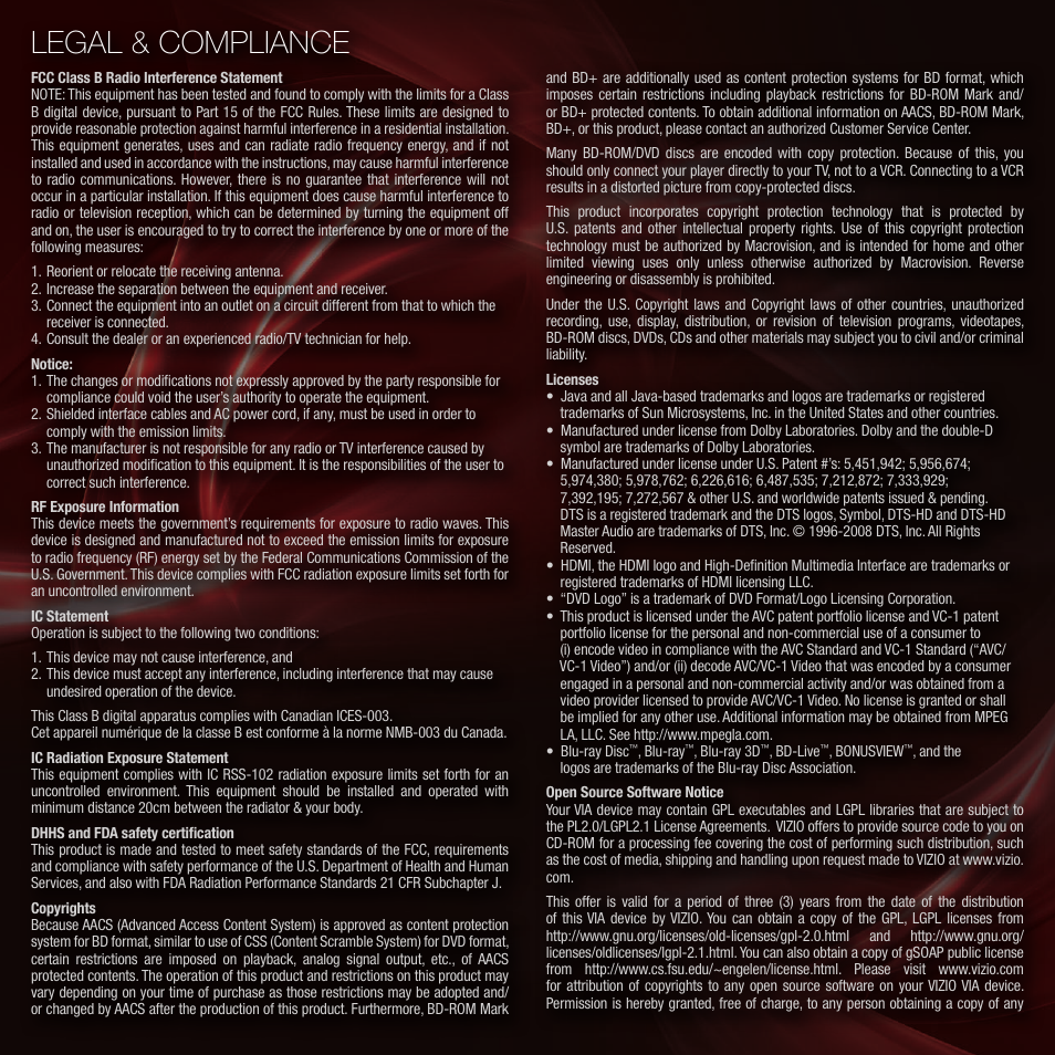 Legal & compliance | Vizio 3D BLU-RAY VBR334 User Manual | Page 14 / 16