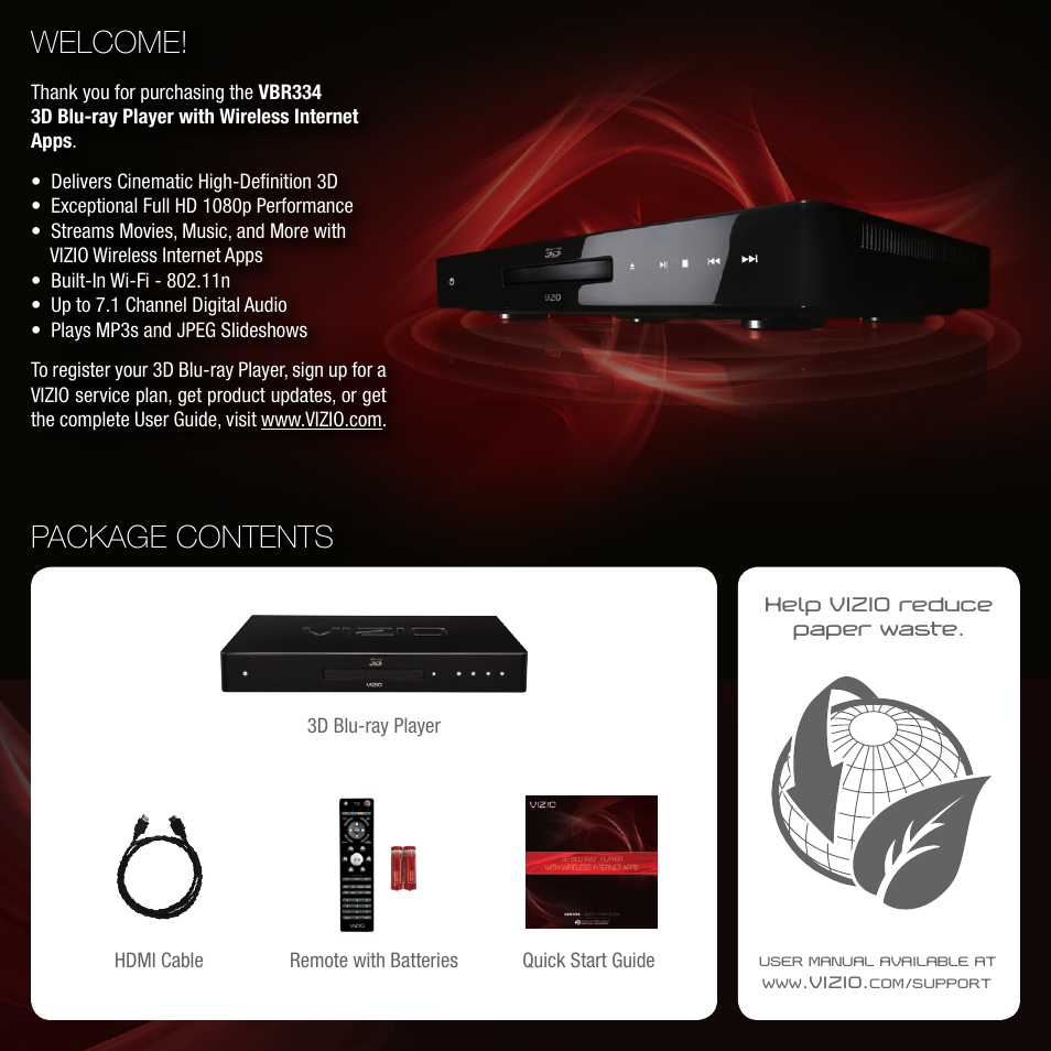 Package contents, Welcome | Vizio 3D BLU-RAY VBR334 User Manual | Page 3 / 16