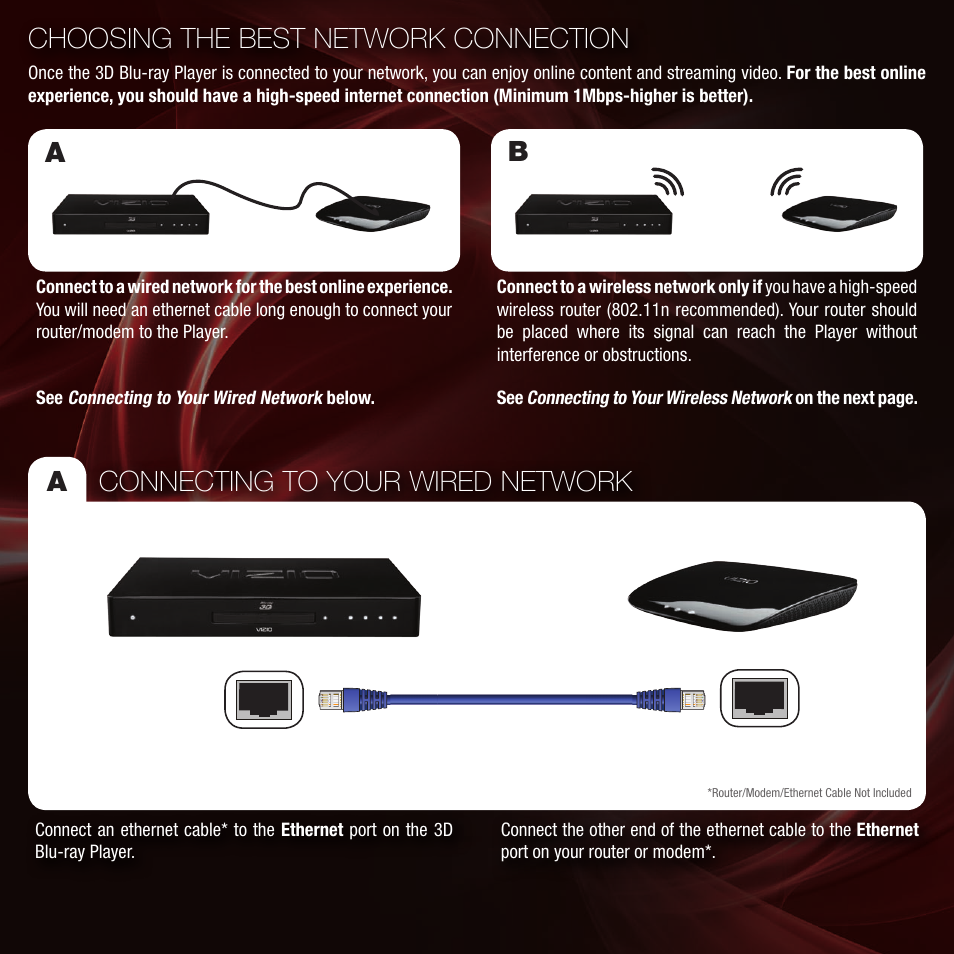 Connecting to your wired network, Choosing the best network connection, Ba a | Vizio 3D BLU-RAY VBR334 User Manual | Page 6 / 16