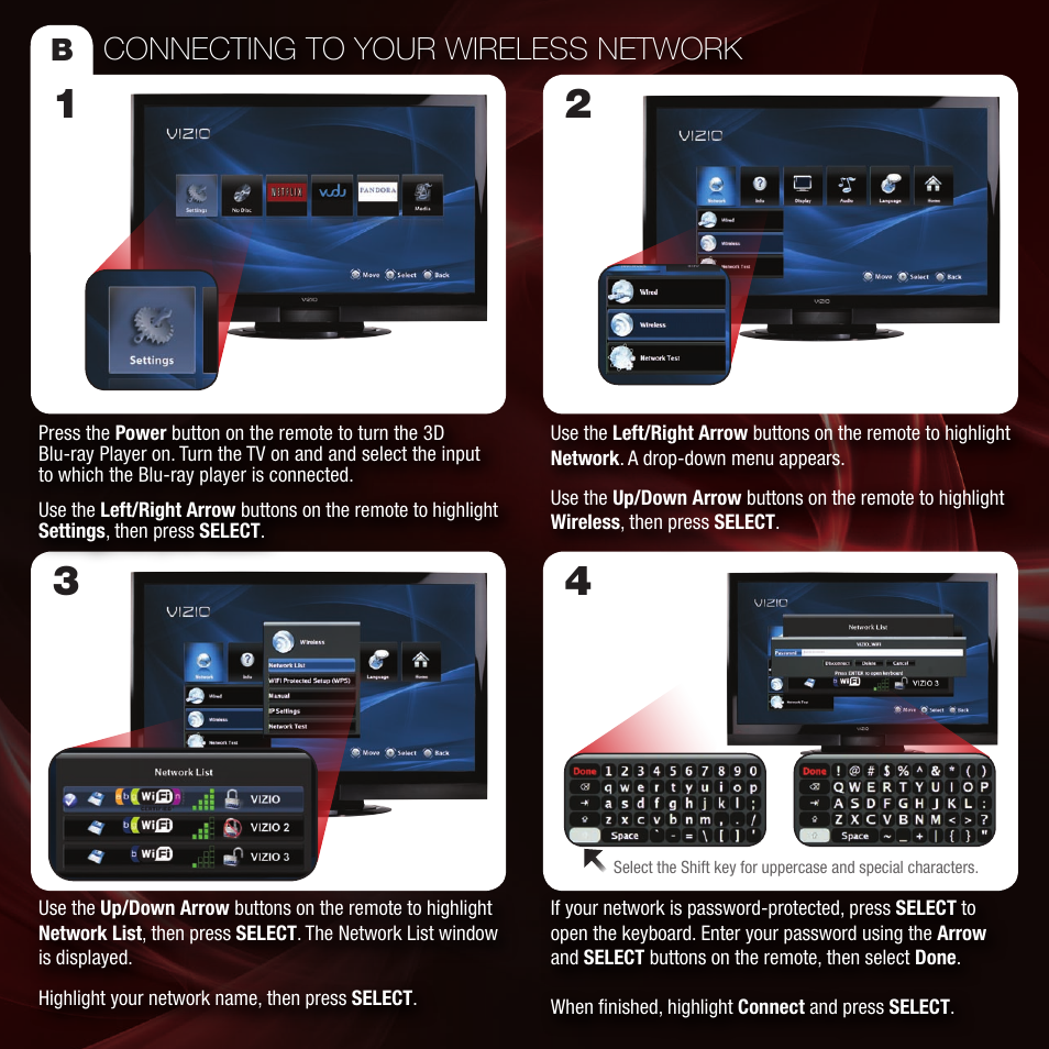 Connecting to your wired network, Connecting to your wireless network | Vizio 3D BLU-RAY VBR334 User Manual | Page 7 / 16