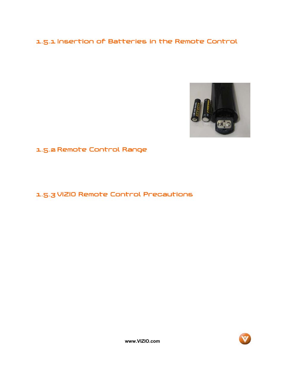 1 insertion of batteries in the remote control, 2 remote control range, 3 vizio remote control precautions | Vizio VIZIO User Manual | Page 13 / 71