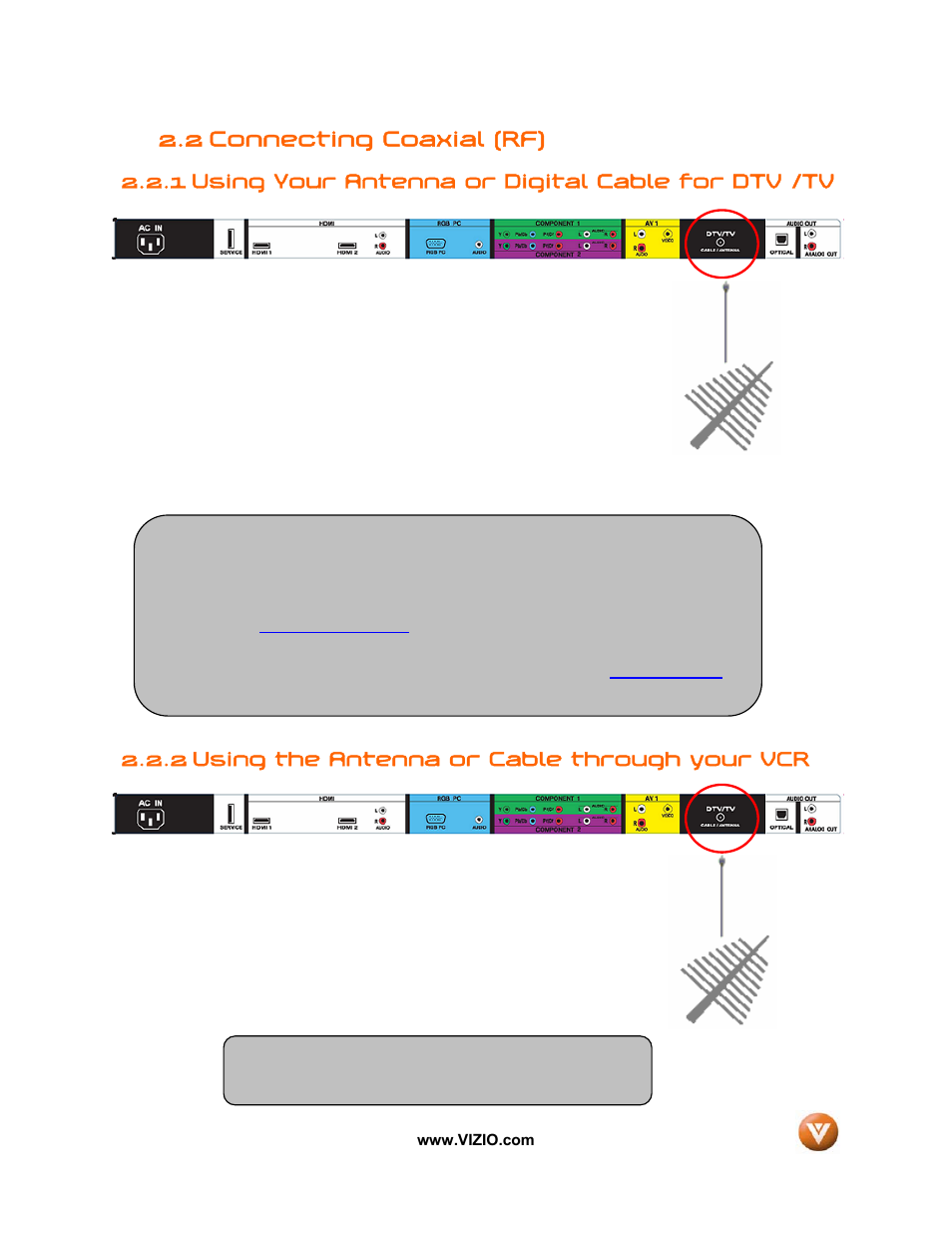 2 connecting coaxial (rf), 1 using your antenna or digital cable for dtv /tv, 2 using the antenna or cable through your vcr | Vizio VIZIO User Manual | Page 15 / 71