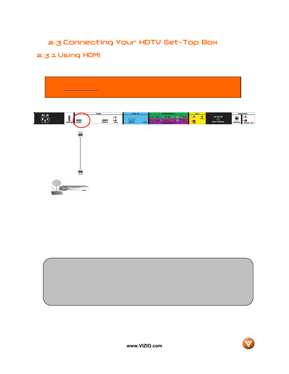 3 connecting your hdtv set-top box, 1 using hdmi | Vizio VIZIO User Manual | Page 16 / 71