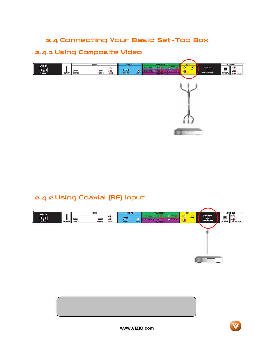 4 connecting your basic set-top box, 1 using composite video, 2 using coaxial (rf) input | Vizio VIZIO User Manual | Page 19 / 71