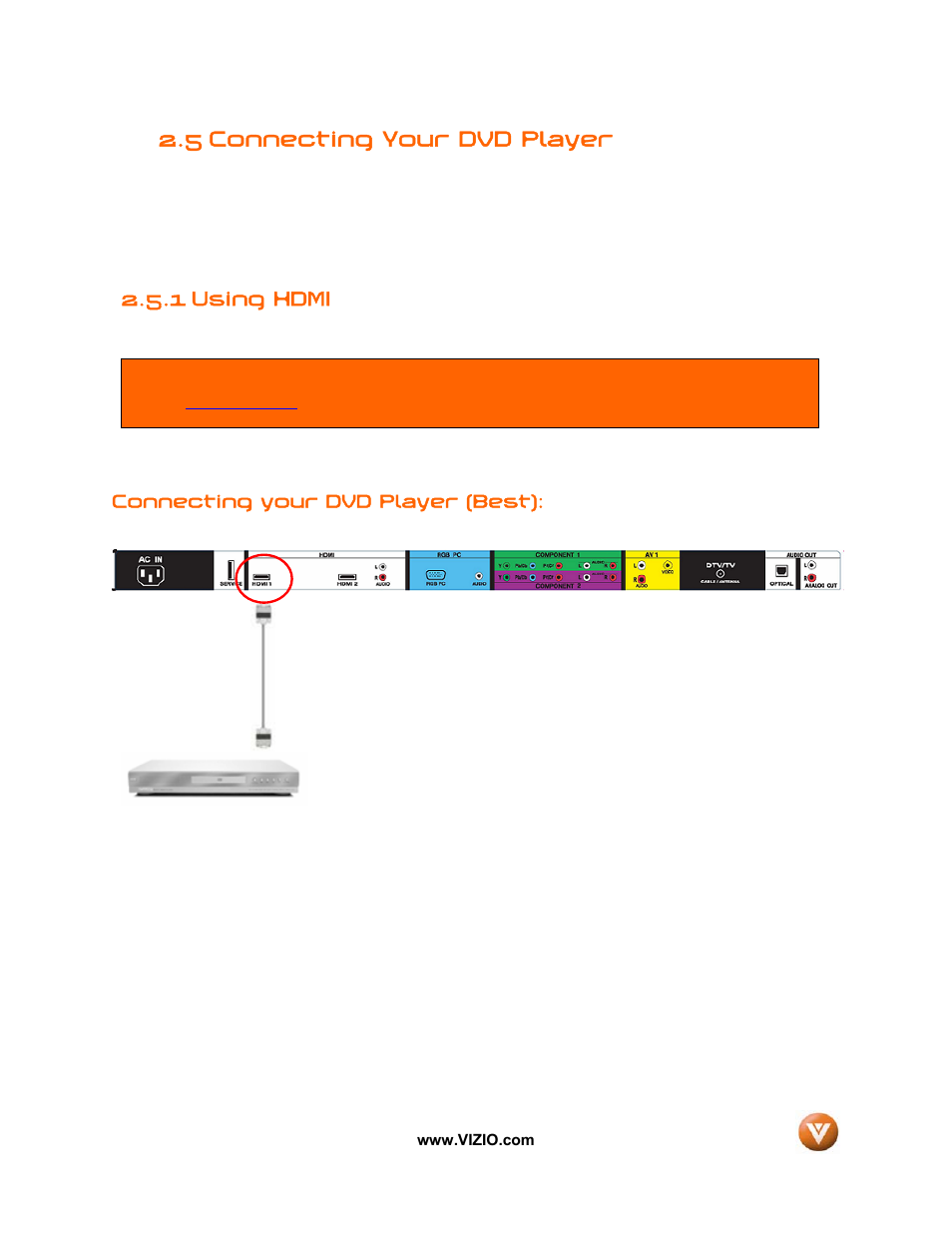 5 connecting your dvd player, 1 using hdmi | Vizio VIZIO User Manual | Page 20 / 71