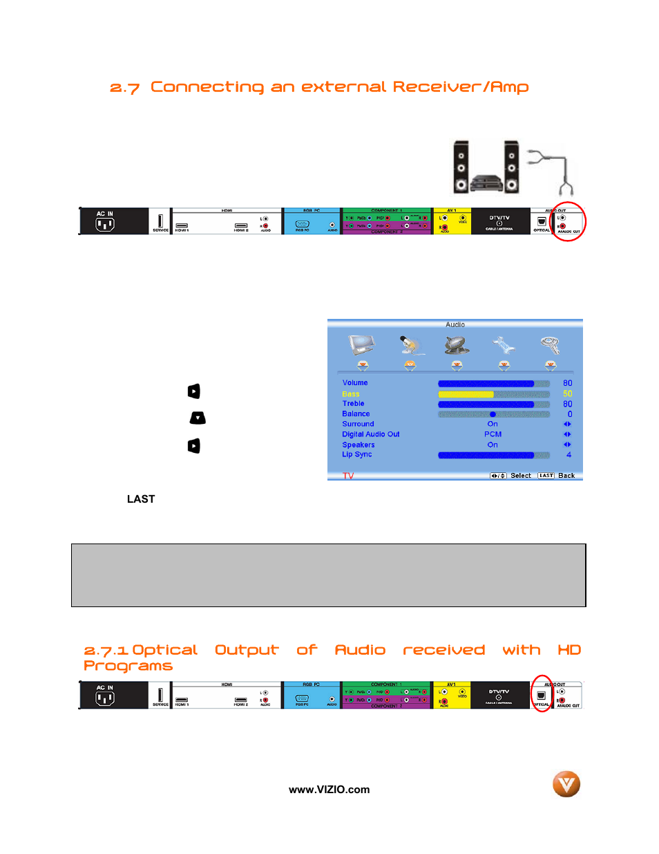 7 connecting an external receiver/amp, Optical output of audio received with hd programs | Vizio VIZIO User Manual | Page 25 / 71