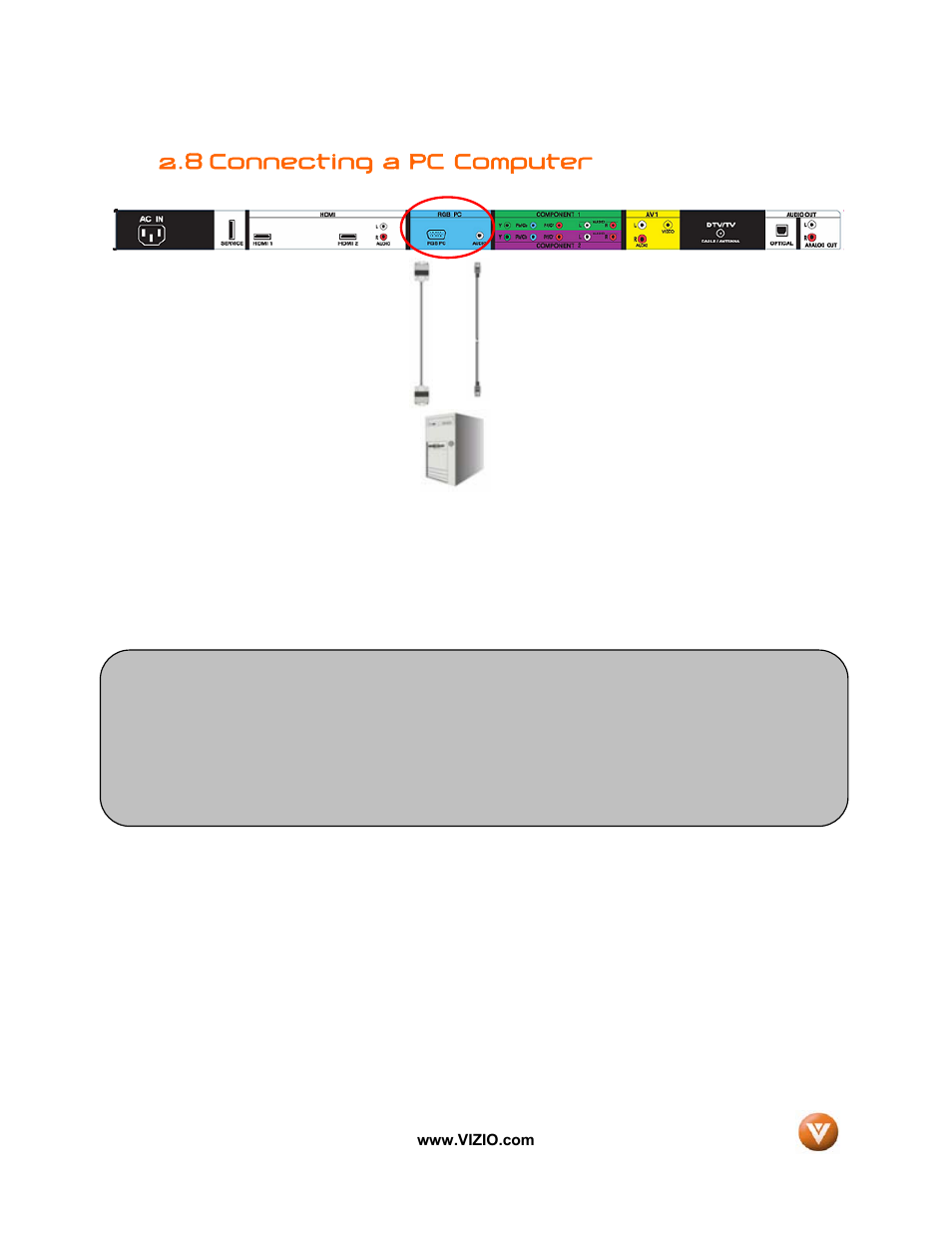 Connecting a pc computer, 8 connecting a pc computer | Vizio VIZIO User Manual | Page 26 / 71