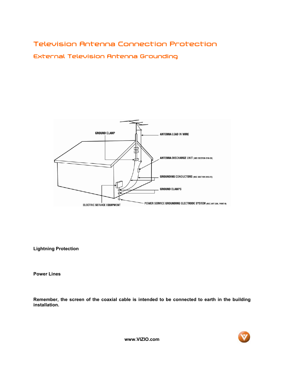 Television antenna connection protection | Vizio VIZIO User Manual | Page 3 / 71