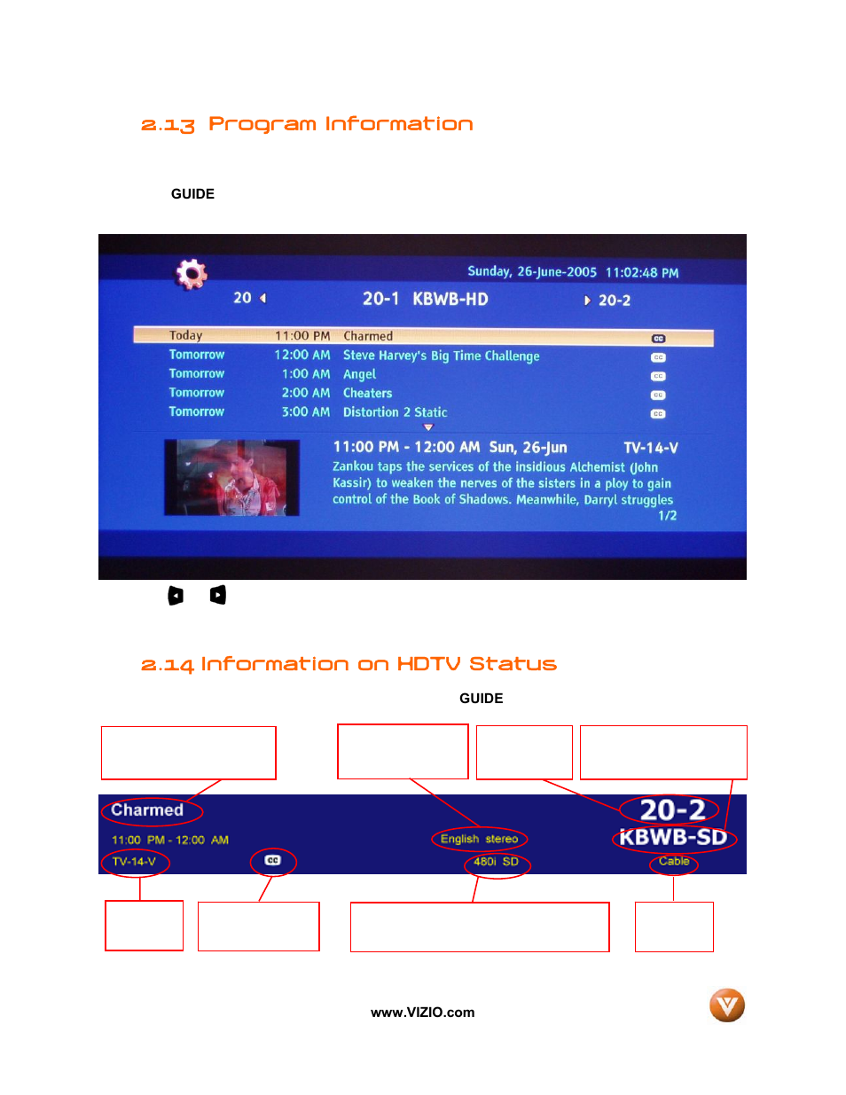 13 program information, 14 information on hdtv status | Vizio VIZIO User Manual | Page 35 / 71