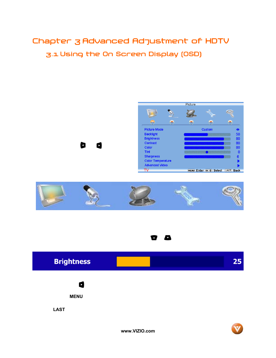 Chapter 3 advanced adjustment of hdtv, 1 using the on screen display (osd) | Vizio VIZIO User Manual | Page 36 / 71