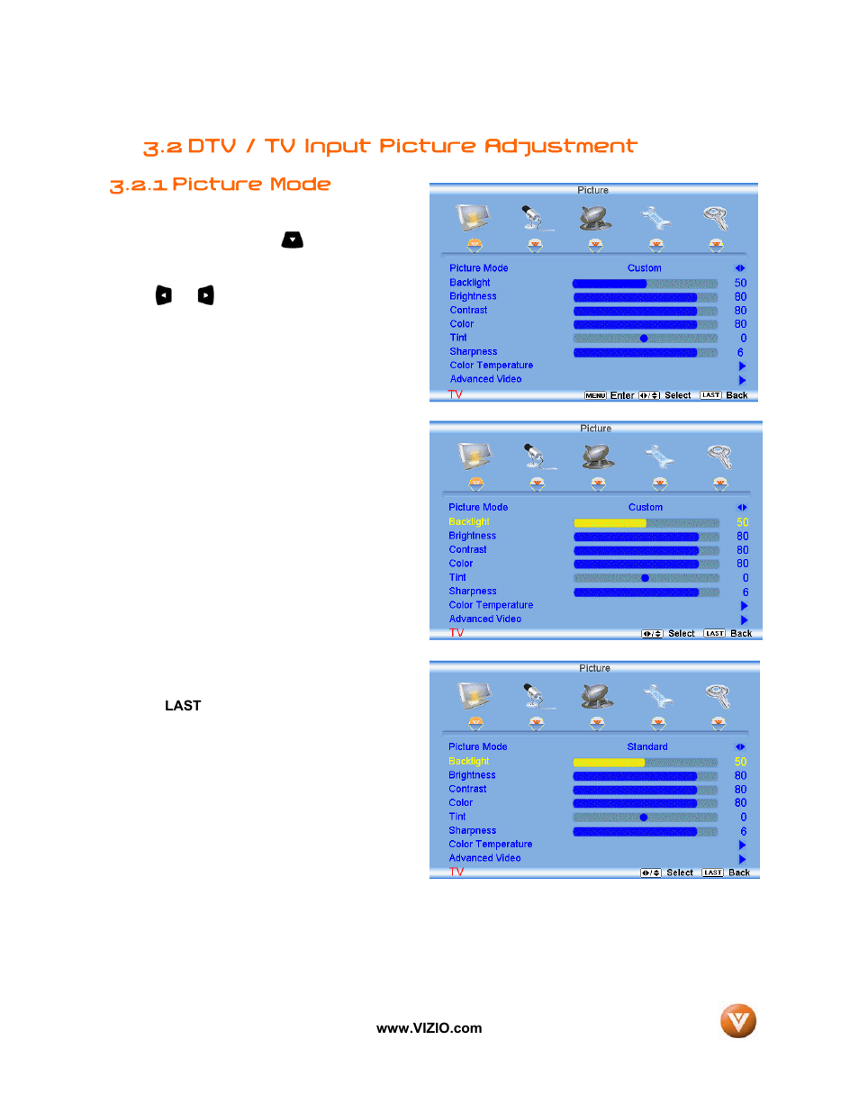 2 dtv / tv input picture adjustment, Picture mode, 1 picture mode | Vizio VIZIO User Manual | Page 37 / 71