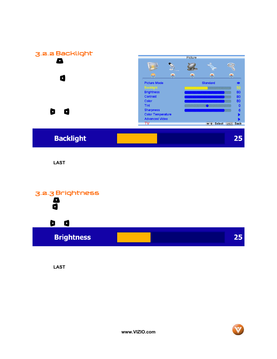 Backlight, 3 brightness, 2 backlight | Vizio VIZIO User Manual | Page 38 / 71