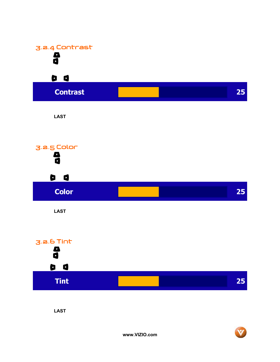 4 contrast, 5 color, 6 tint | Vizio VIZIO User Manual | Page 39 / 71