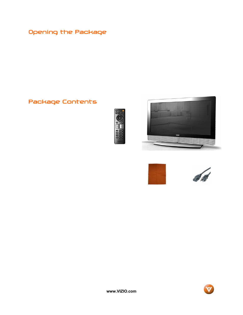 Opening the package, Package contents | Vizio VIZIO User Manual | Page 4 / 71