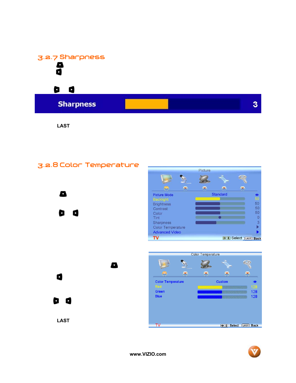 7 sharpness, Color temperature, 8 color temperature | Vizio VIZIO User Manual | Page 40 / 71