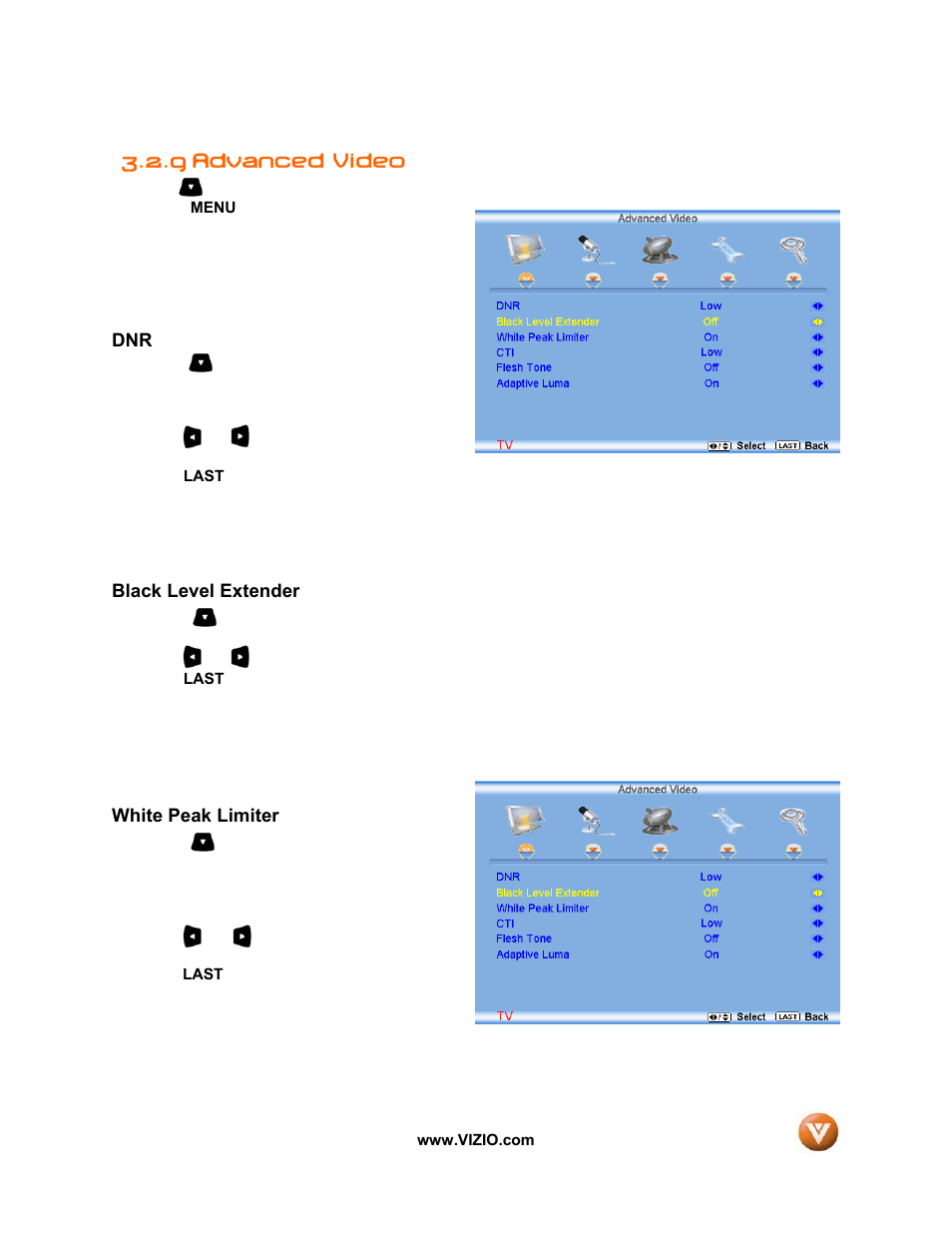 9 advanced video, Black level extender, White peak limiter | Vizio VIZIO User Manual | Page 41 / 71