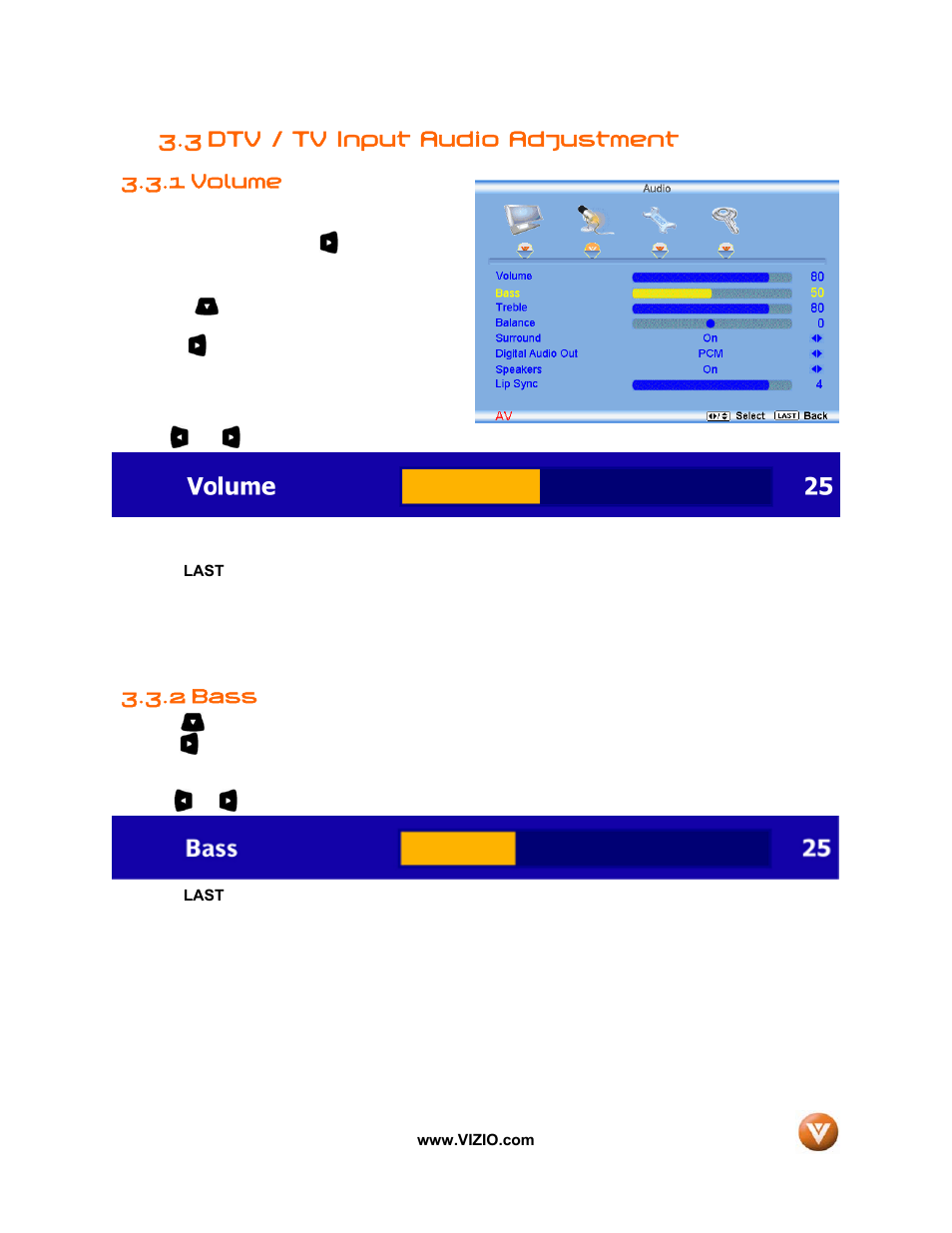 3 dtv / tv input audio adjustment, Volume, 2 bass | 1 volume | Vizio VIZIO User Manual | Page 43 / 71