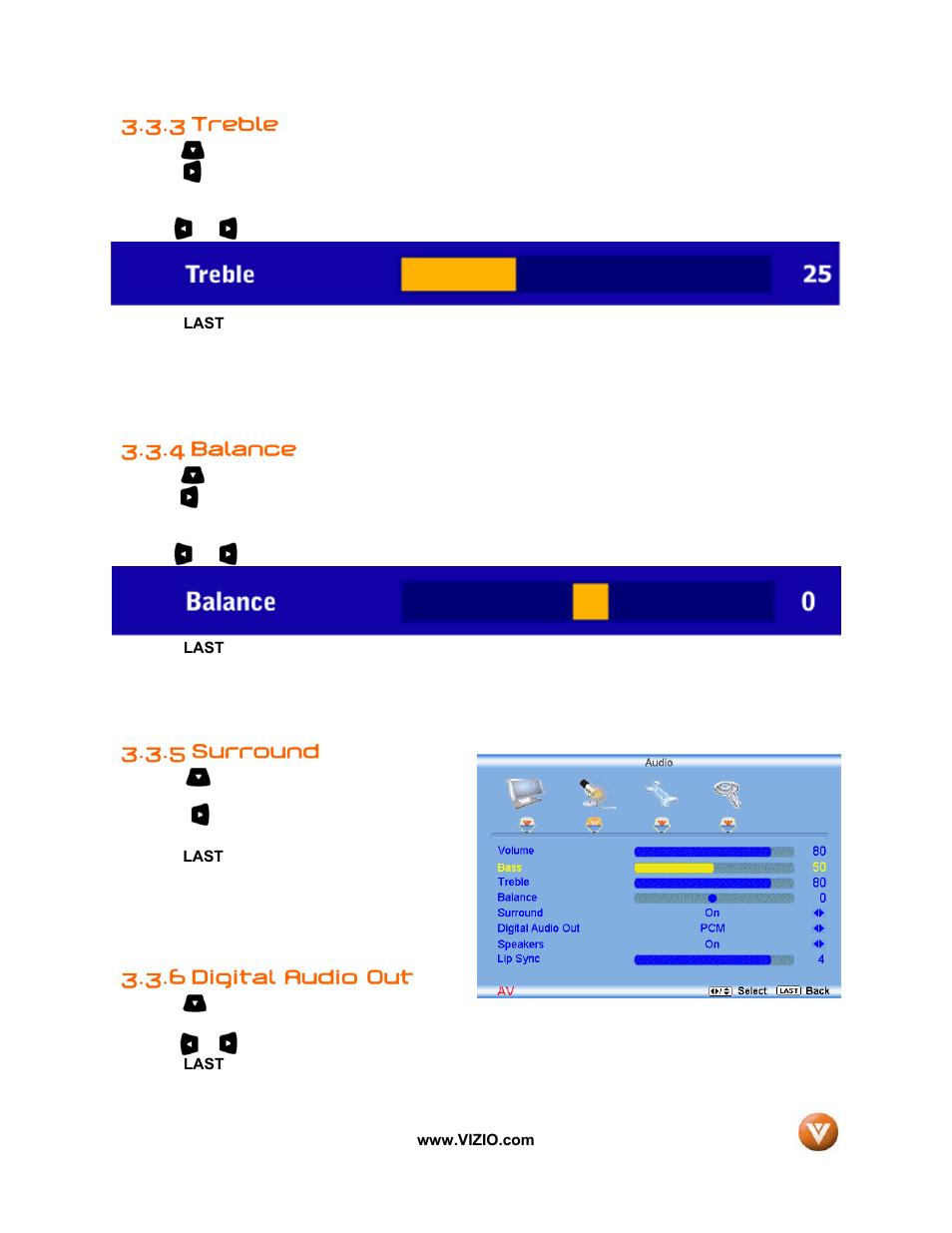 3 treble, 4 balance, Surround | 6 digital audio out, 5 surround | Vizio VIZIO User Manual | Page 44 / 71