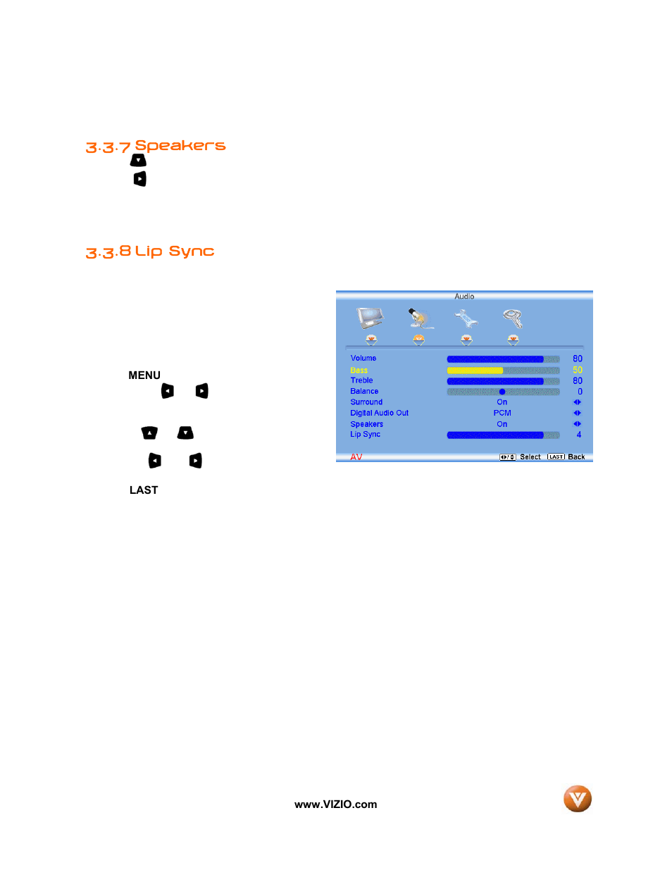 Speakers, 8 lip sync, 7 speakers | Vizio VIZIO User Manual | Page 45 / 71