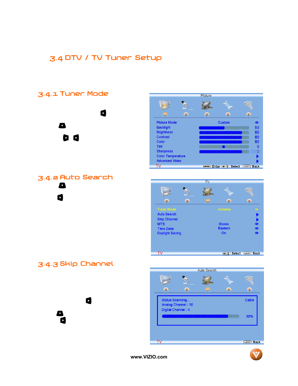 4 dtv / tv tuner setup, Tuner mode, Auto search | Skip channel, 1 tuner mode, 2 auto search, 3 skip channel | Vizio VIZIO User Manual | Page 46 / 71