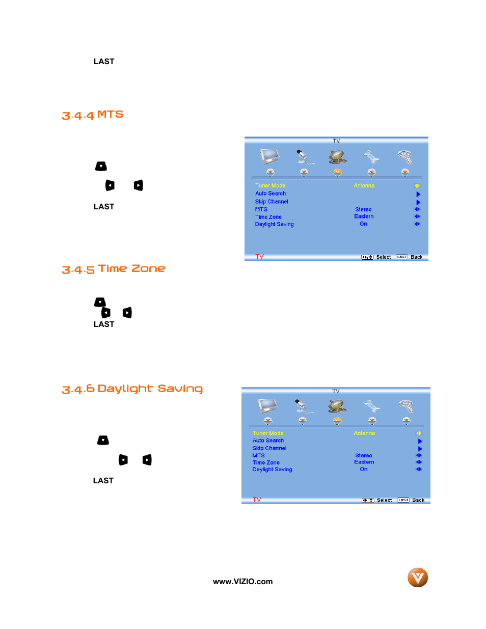 4 mts, 5 time zone, Daylight saving | 6 daylight saving | Vizio VIZIO User Manual | Page 47 / 71