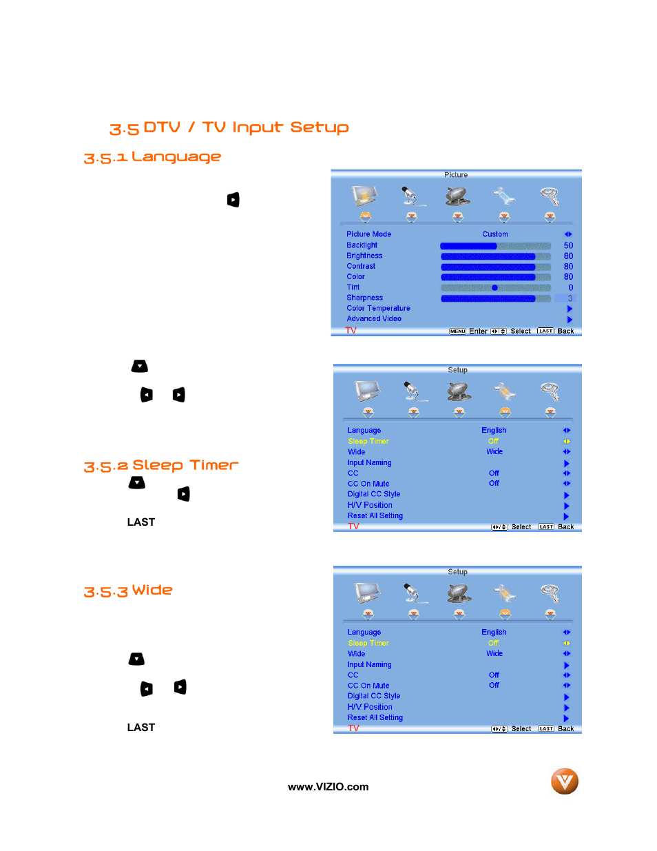 5 dtv / tv input setup, 1 language, 2 sleep timer | 3 wide | Vizio VIZIO User Manual | Page 48 / 71