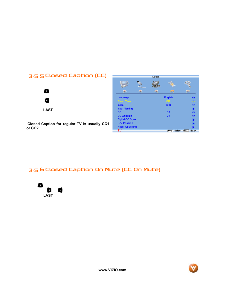 Closed caption (cc), 6 closed caption on mute (cc on mute), 5 closed caption (cc) | Vizio VIZIO User Manual | Page 50 / 71