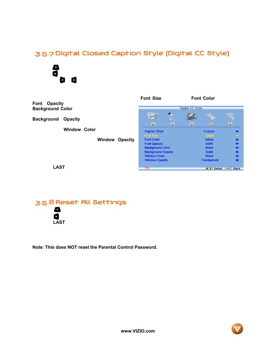 7 digital closed caption style (digital cc style), 8 reset all settings | Vizio VIZIO User Manual | Page 51 / 71