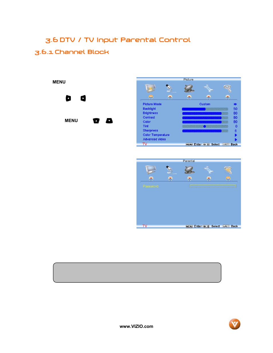 6 dtv / tv input parental control, 1 channel block | Vizio VIZIO User Manual | Page 52 / 71