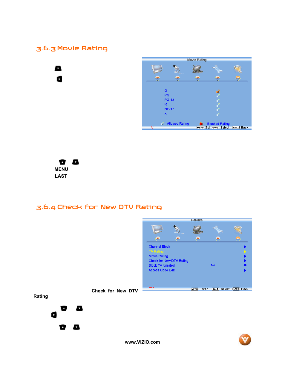 3 movie rating, 4 check for new dtv rating | Vizio VIZIO User Manual | Page 54 / 71