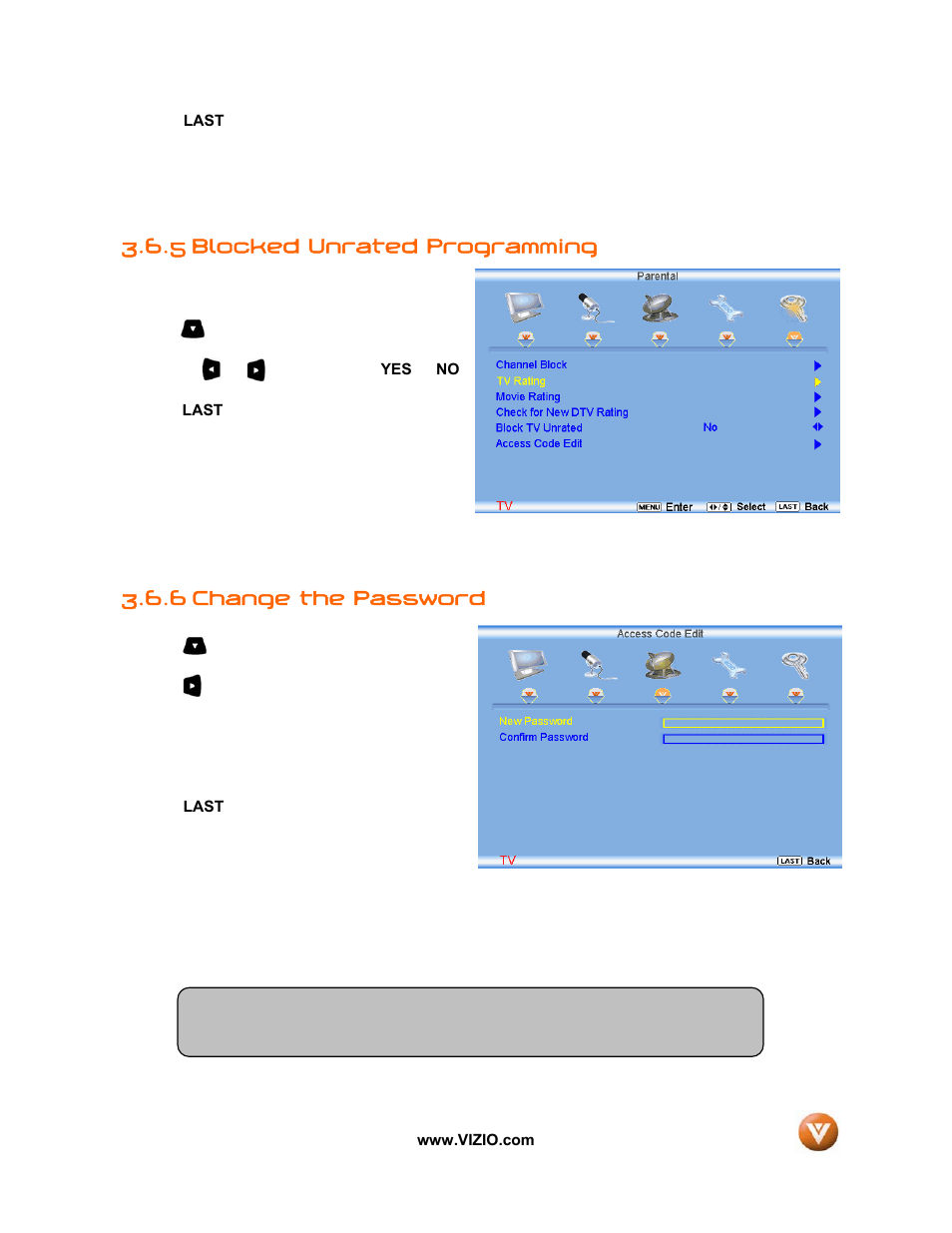 5 blocked unrated programming, 6 change the password | Vizio VIZIO User Manual | Page 55 / 71