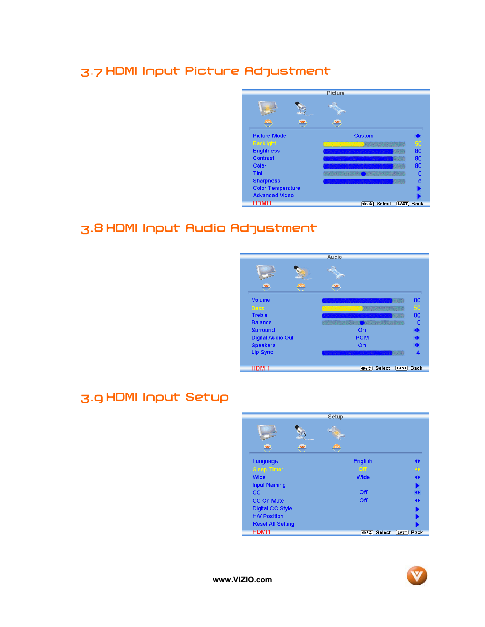 7 hdmi input picture adjustment, 8 hdmi input audio adjustment, Hdmi input setup | 9 hdmi input setup | Vizio VIZIO User Manual | Page 56 / 71