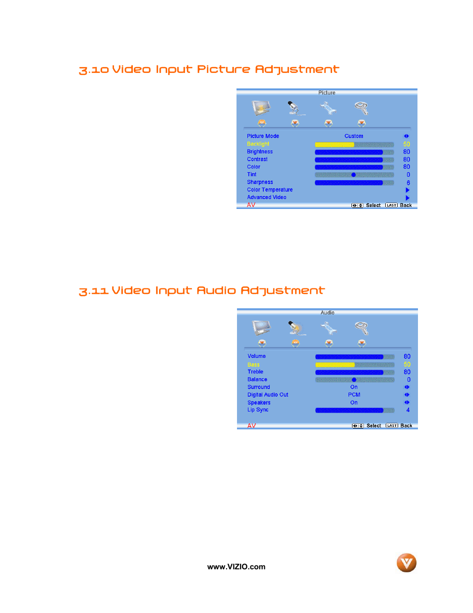 10 video input picture adjustment, 11 video input audio adjustment | Vizio VIZIO User Manual | Page 57 / 71